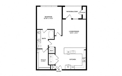 Floor plan for 1 bed, 1 bath, 843 sqft